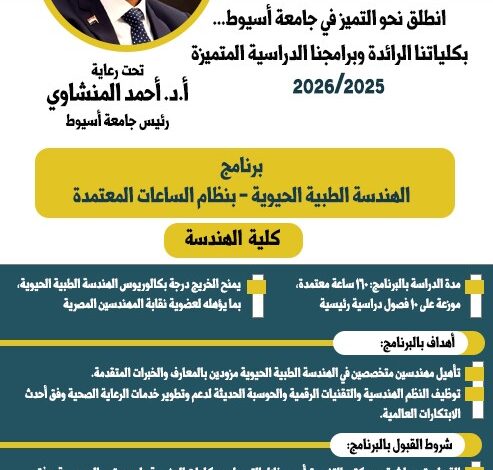 هندسة أسيوط تطلق برنامج "الهندسة الطبية الحيوية" بنظام الساعات المعتمدة للعام الجامعي 2025/2026