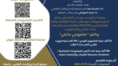 جامعة حلوان تعلن عن فتح باب التقدم لبرنامج مشروعي بدايتي بالتعاون مع أكاديمية البحث العلمي والتكنولوجيا
