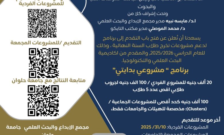 جامعة حلوان تعلن عن فتح باب التقدم لبرنامج مشروعي بدايتي بالتعاون مع أكاديمية البحث العلمي والتكنولوجيا
