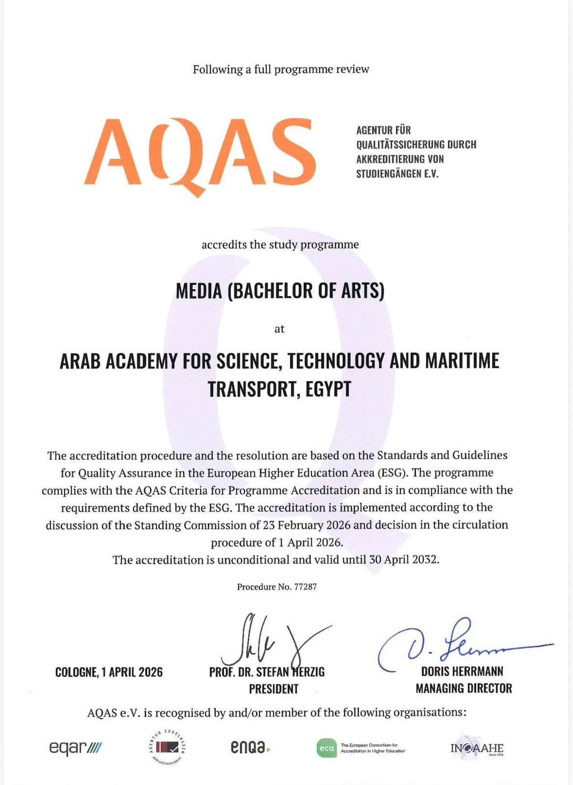 كليات اللغة والإعلام بالأكاديمية العربية تحصد صك الجودة الأوروبية من هيئة "AQAS" الألمانية