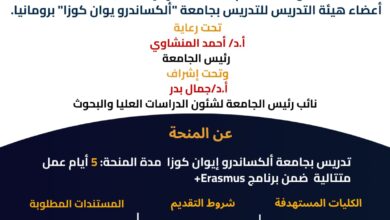 جامعة أسيوط تعلن فتح باب التقدم لمنحة «إيراسموس+» لأعضاء هيئة التدريس بجامعة ألكساندرو إيوان كوزا برومانيا
