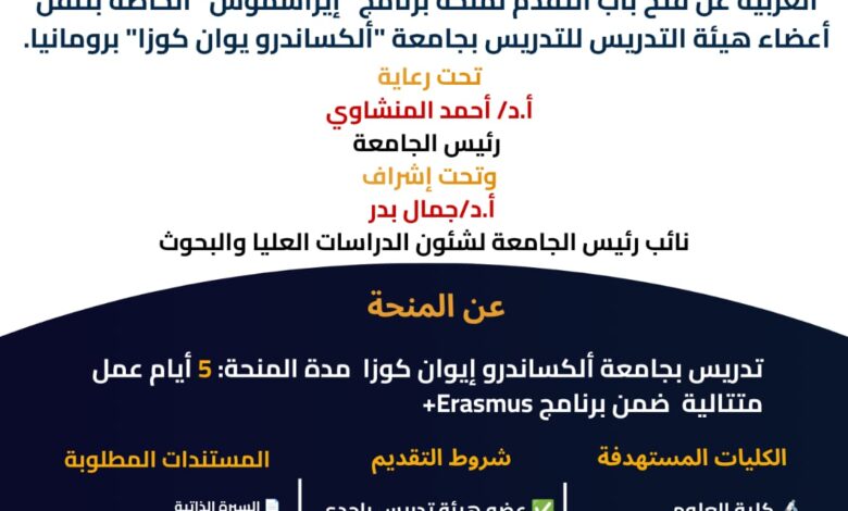 جامعة أسيوط تعلن فتح باب التقدم لمنحة «إيراسموس+» لأعضاء هيئة التدريس بجامعة ألكساندرو إيوان كوزا برومانيا